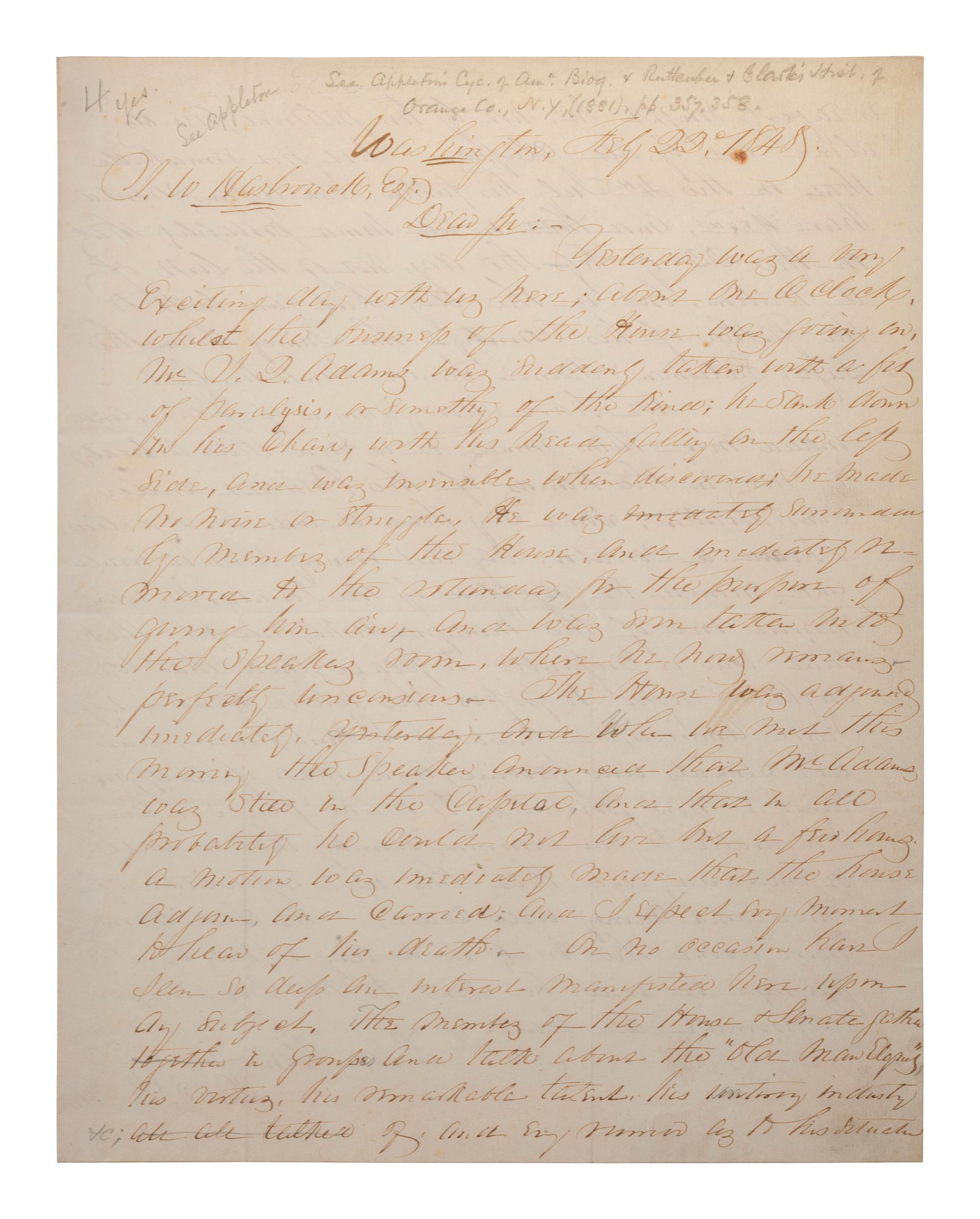 [POLITICS]. St. JOHN, D. B. Autograph letter signed ("D. B. St. John"), to Jonathan W. Hasbrouck. Washington, D.C., 22 February 1848.