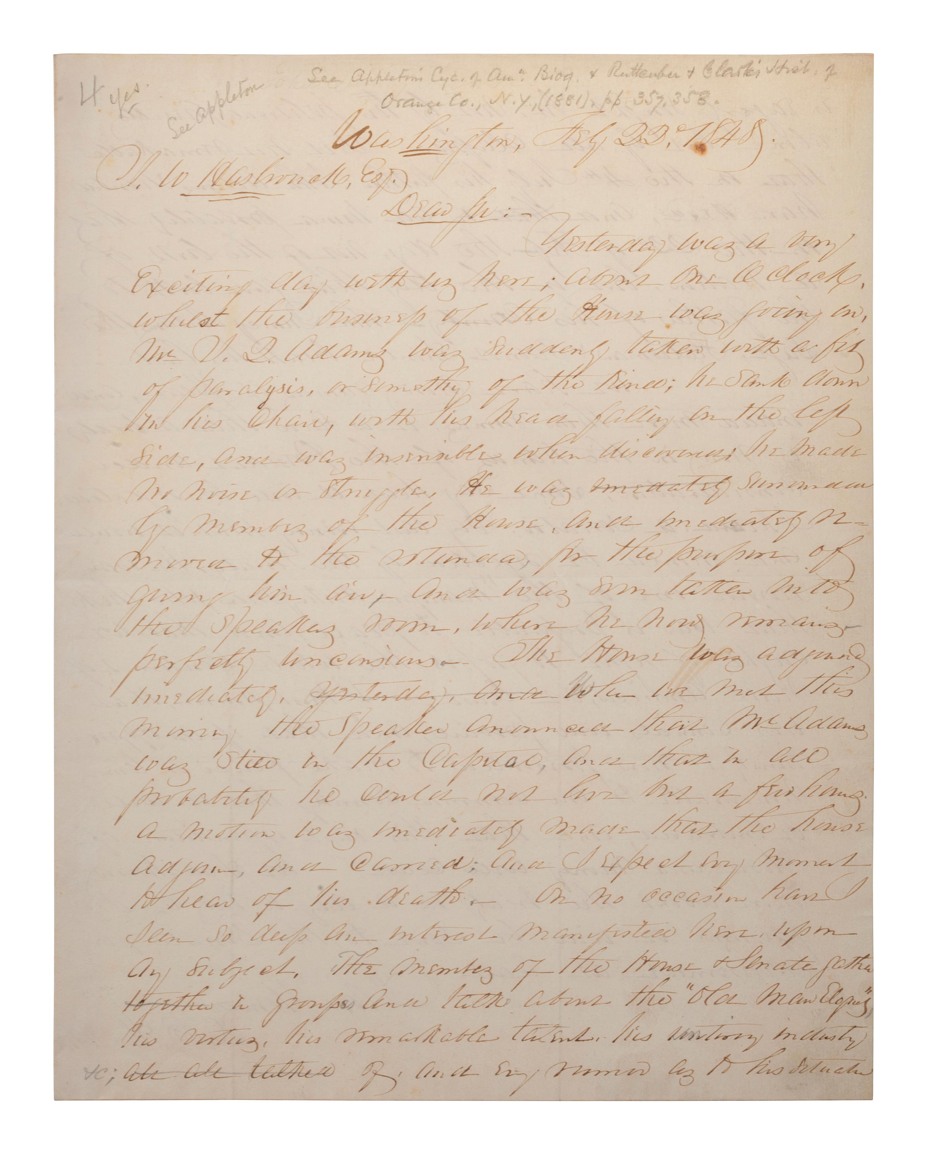 [POLITICS]. St. JOHN, D. B. Autograph letter signed ("D. B. St. John"), to Jonathan W. Hasbrouck. Washington, D.C., 22 February 1848.