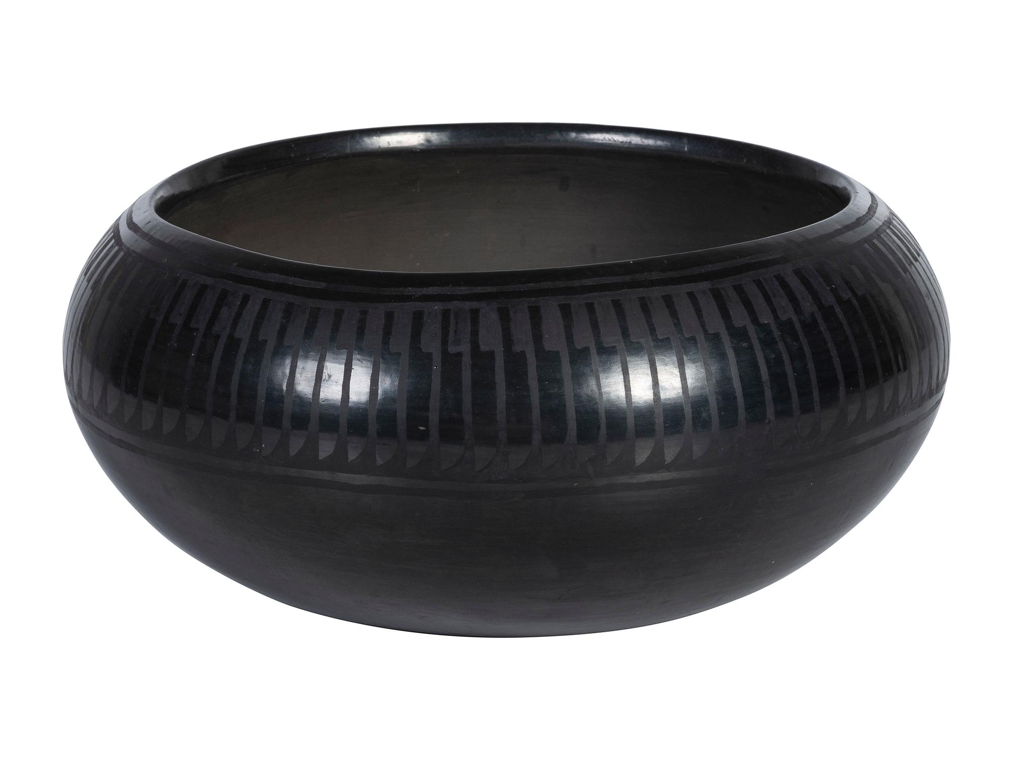 Blackware Pottery Bowl, with Repeating Feather Design
