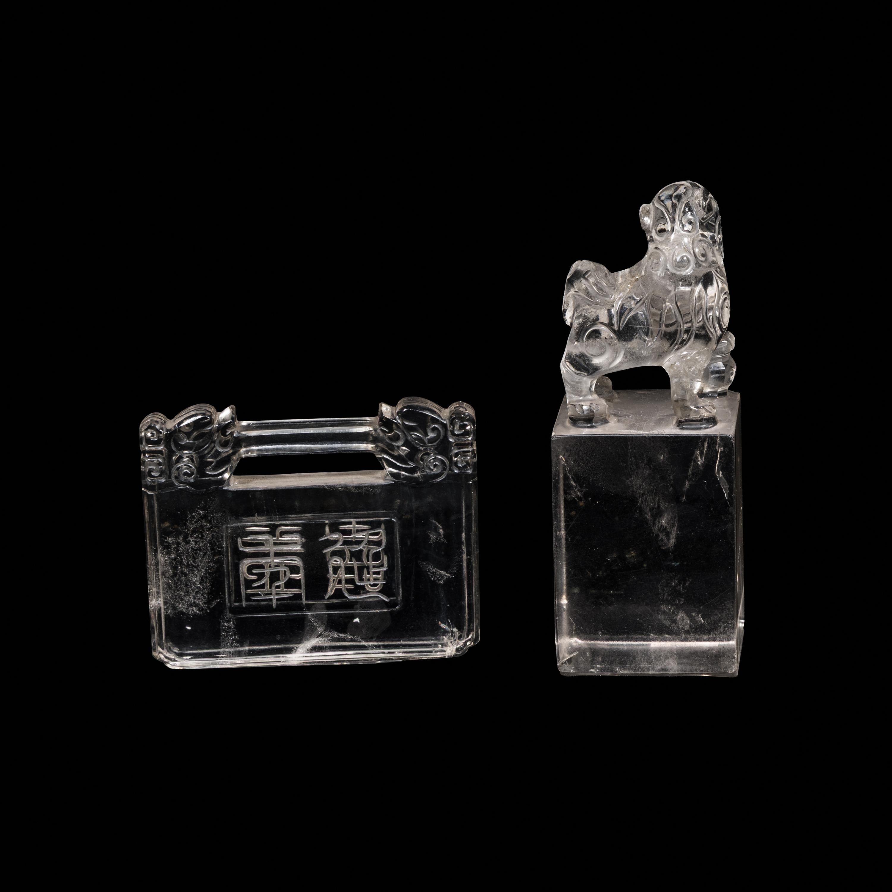 A Chinese Rock Crystal Seal and A Rock Crystal Lock-Form Pendant, 19th-20th Century — 晚清-民國 水晶長命鎖及獅鈕方章