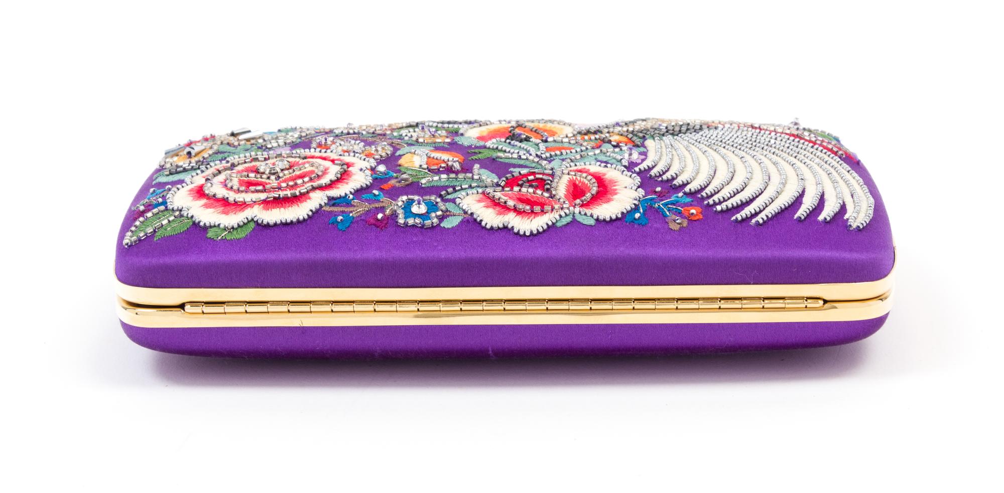 A Roberto Cavalli Purple Floral Embellished Halter Gown, Clutch: 7.5" x 4.75" x 1".
