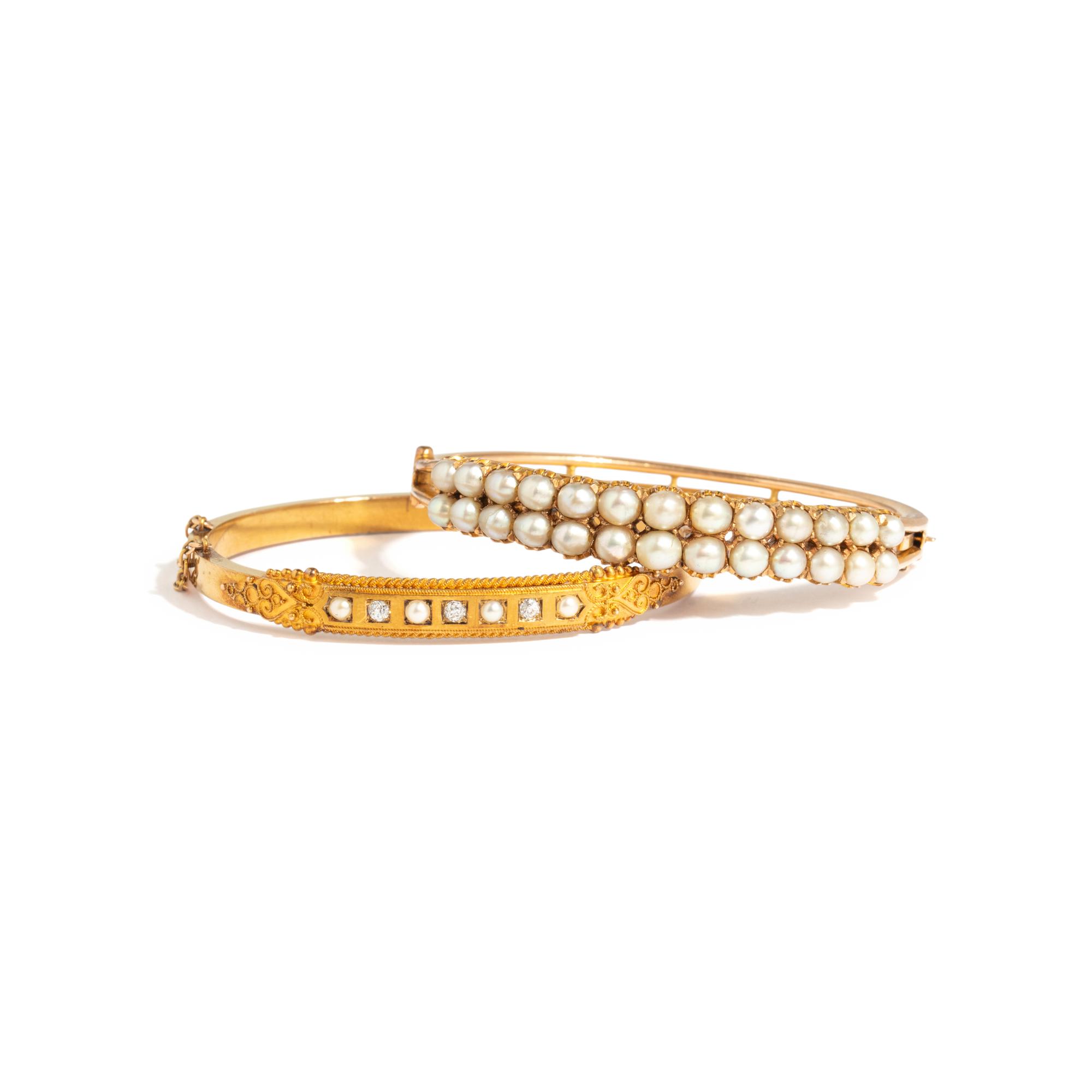 COLLECTION OF YELLOW GOLD, CULTURED PEARL, AND DIAMOND BANGLE BRACELETS