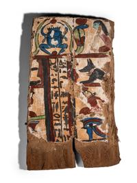 An Egyptian Painted Wood Sarcophagus Fragment with a Scarab