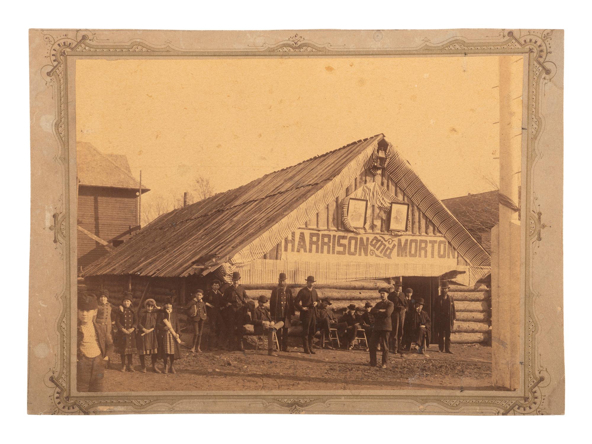 [HARRISON, Benjamin]. Albumen photographs showing Harrison and Morton campaign and Republican log cabins.