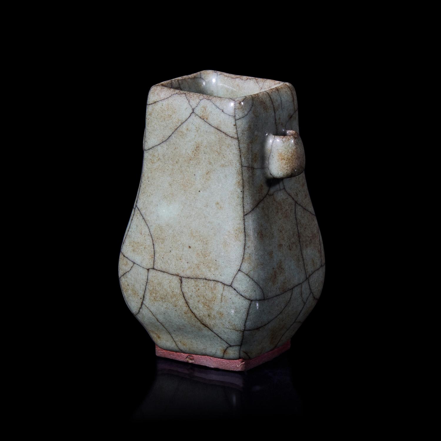 A Small Chinese Ge-Type Lug-Handled Vase 仿哥窯貫耳小方壺