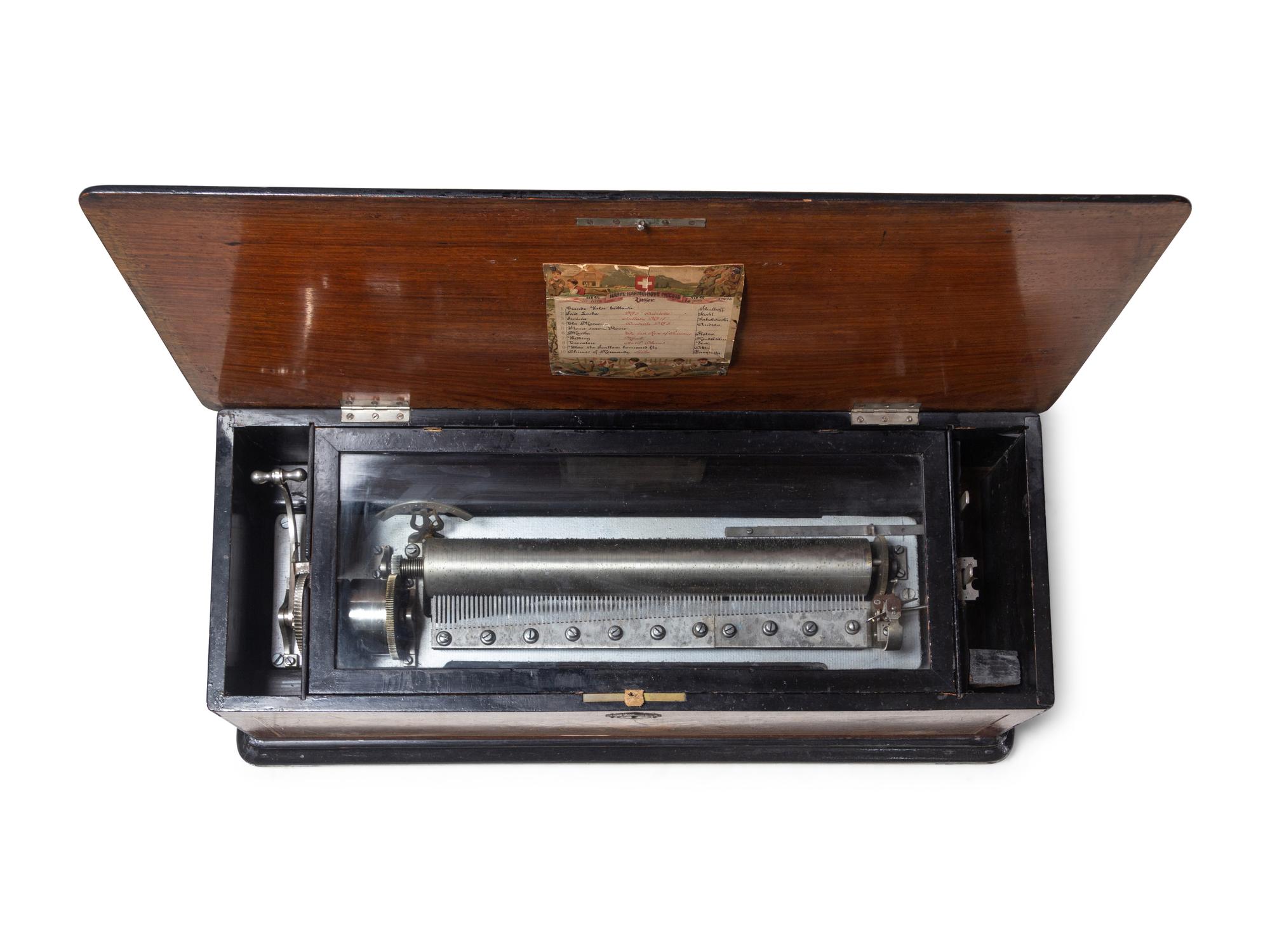 A Swiss Marquetry Harpe Harmonique Piccolo Cylinder Music Box