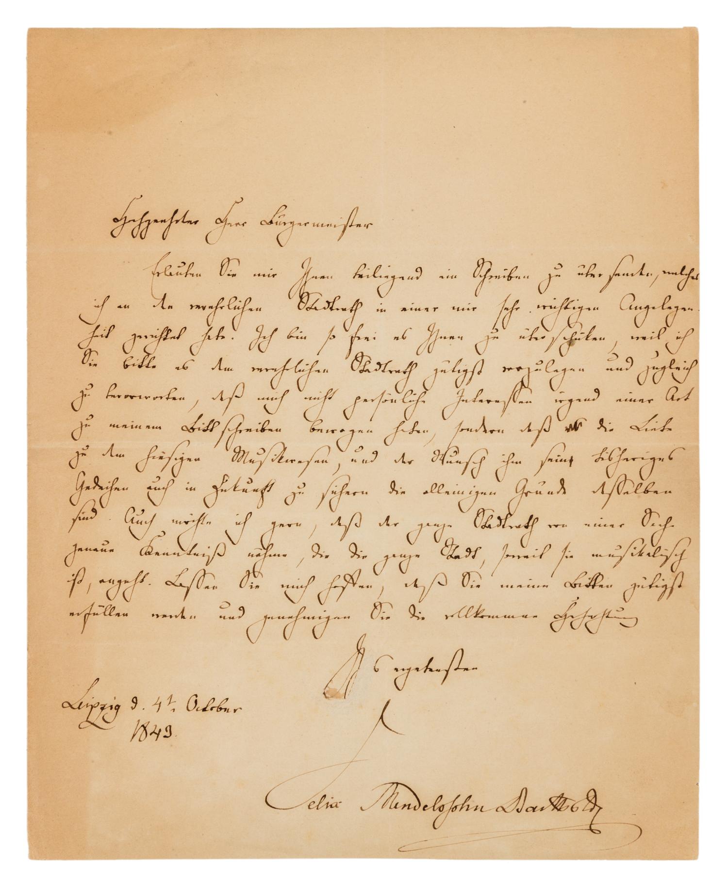MENDELSSOHN-BARTHOLDY, Felix. Autographed letter signed ("Felix Mendelssohn Bartholdy"), in German, Leipzig, 4 October 1843.