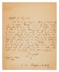MENDELSSOHN-BARTHOLDY, Felix. Autographed letter signed ("Felix Mendelssohn Bartholdy"), in German, Leipzig, 4 October 1843.