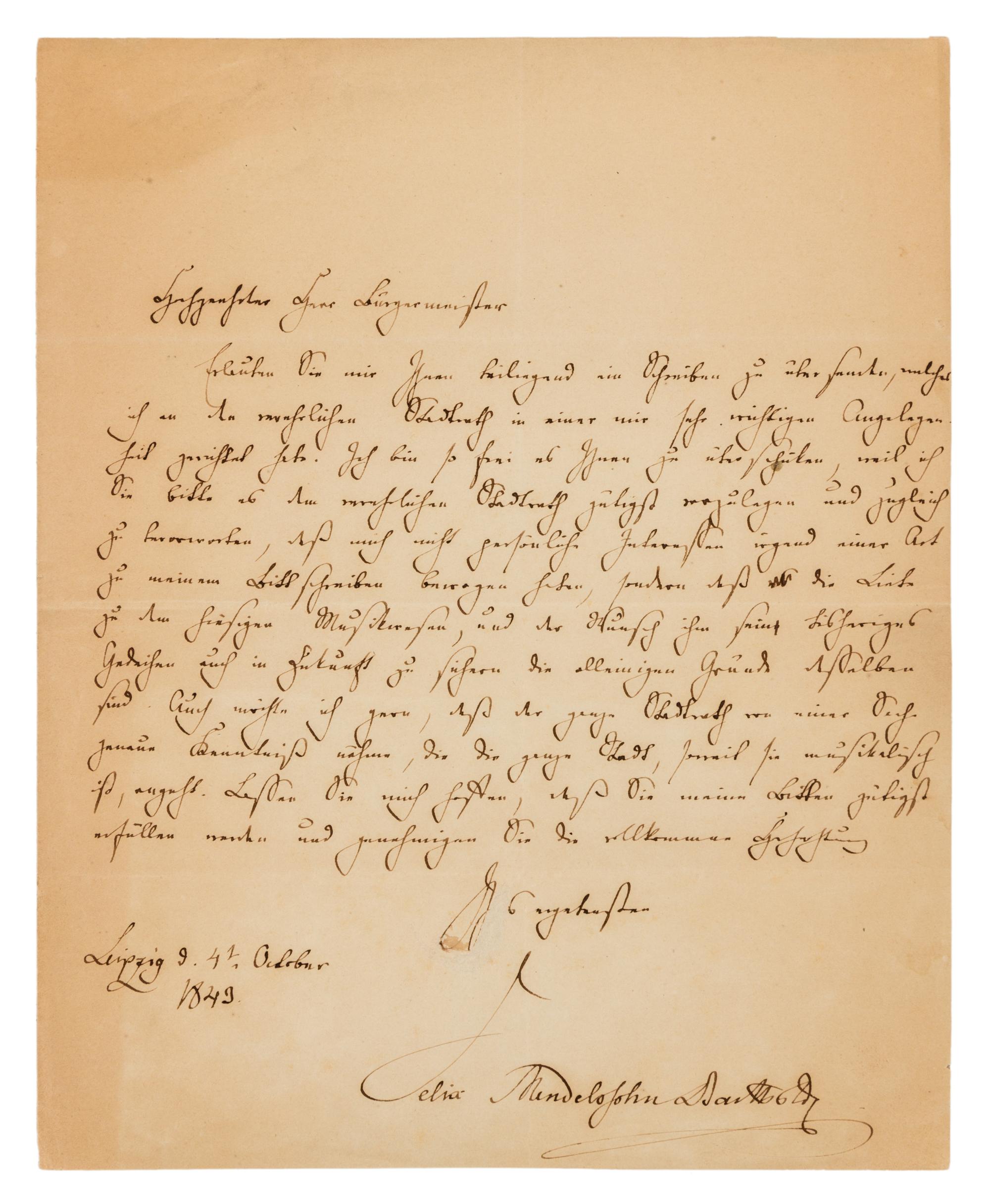 MENDELSSOHN-BARTHOLDY, Felix. Autographed letter signed ("Felix Mendelssohn Bartholdy"), in German, Leipzig, 4 October 1843.