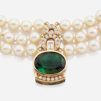 Two cultured pearl, gold, and gem-set necklaces