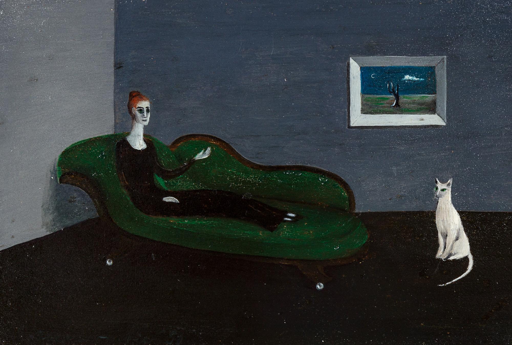 Untitled ( Countess Narone on Chaise with White Cat and Lonely Tree Painting)