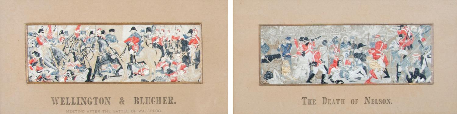 A Group of Two Framed Woven Silk Stevengraphs of Historical Scenes, Height 2 1/2 x width 7 inches.