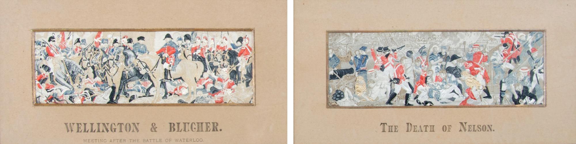 A Group of Two Framed Woven Silk Stevengraphs of Historical Scenes, Height 2 1/2 x width 7 inches.