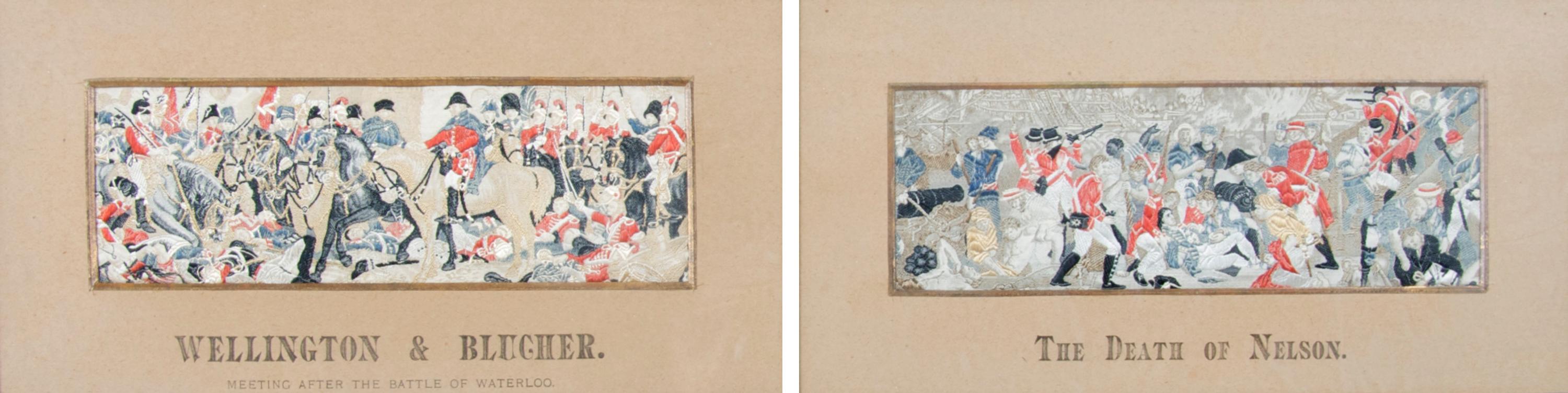 A Group of Two Framed Woven Silk Stevengraphs of Historical Scenes, Height 2 1/2 x width 7 inches.