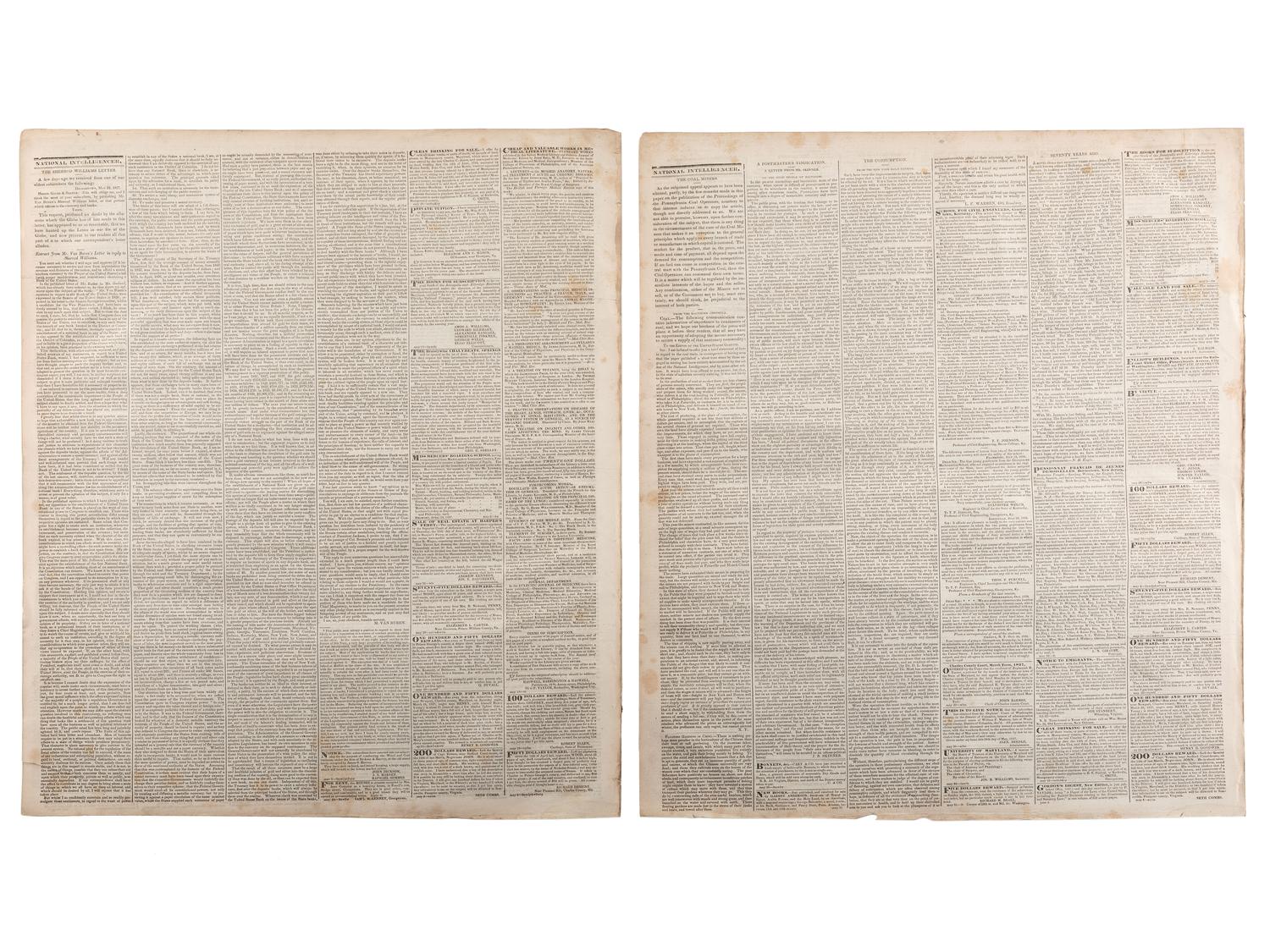 [SLAVERY & ABOLITION]. Advertisements for the return of freedom seekers published in 8 issues of The National Intelligencer . Washington, DC: May-August 1837.