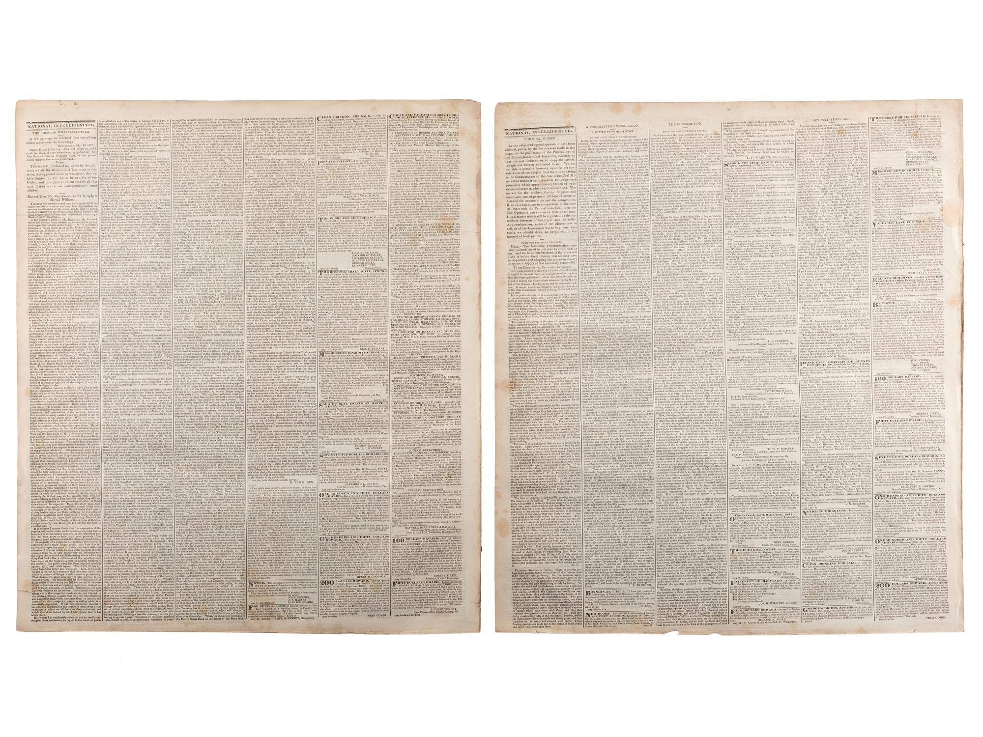 [SLAVERY & ABOLITION]. Advertisements for the return of freedom seekers published in 8 issues of The National Intelligencer . Washington, DC: May-August 1837.