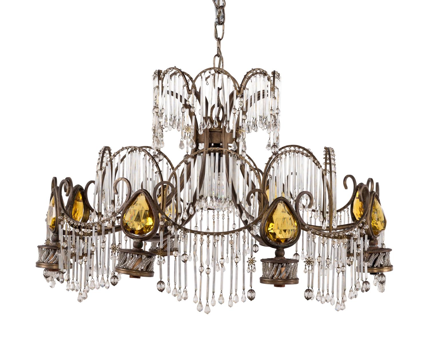A French Mixed Metal and Cut Glass Nine-Light Chandelier
