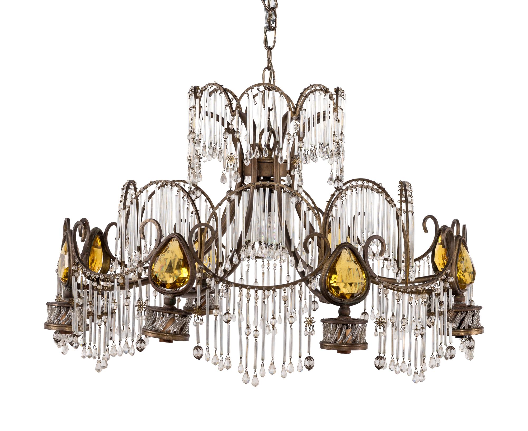 A French Mixed Metal and Cut Glass Nine-Light Chandelier