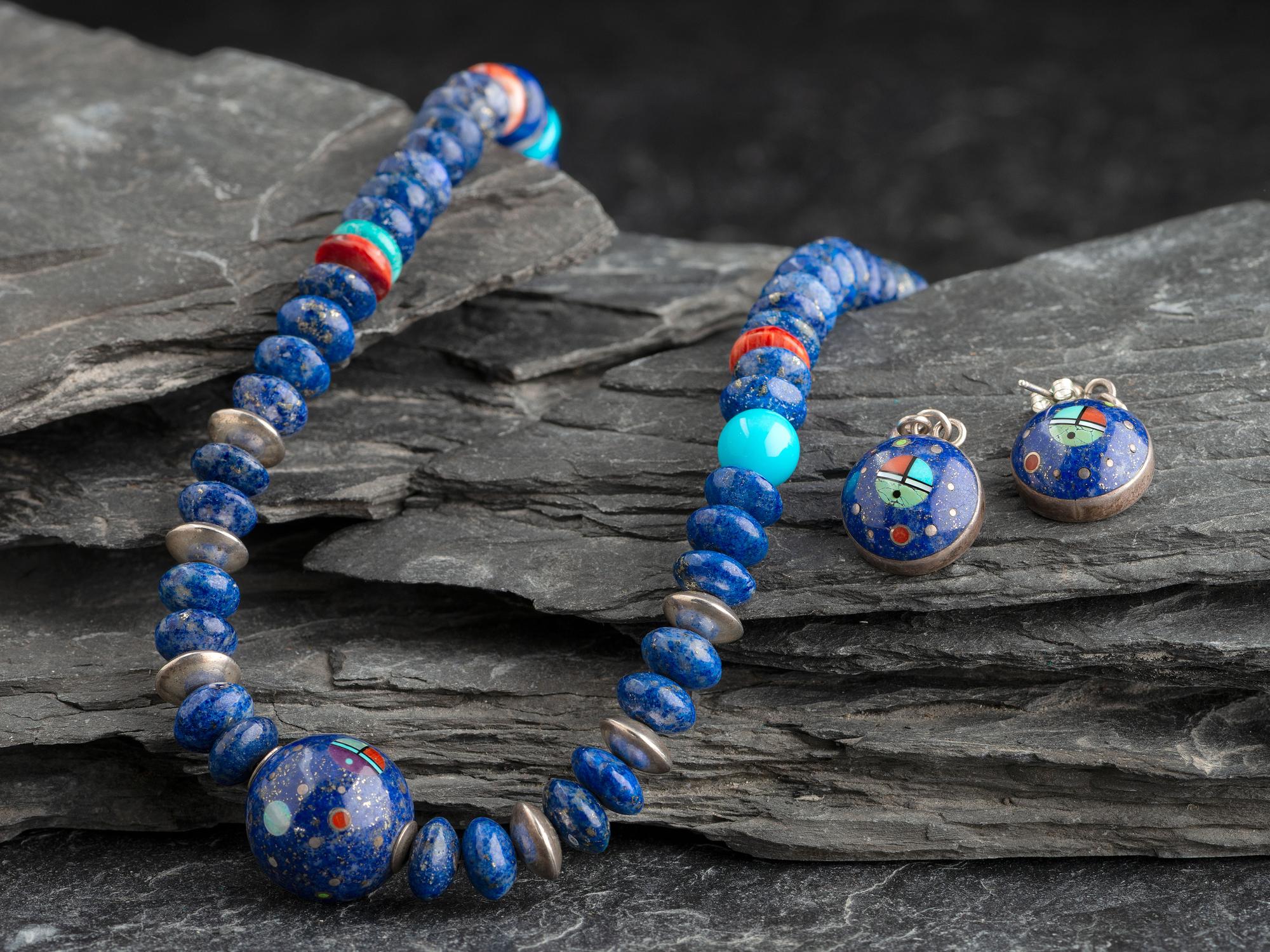 Sterling Silver, Lapis, Spiny Oyster, and Turquoise Necklace and Post Earring Set