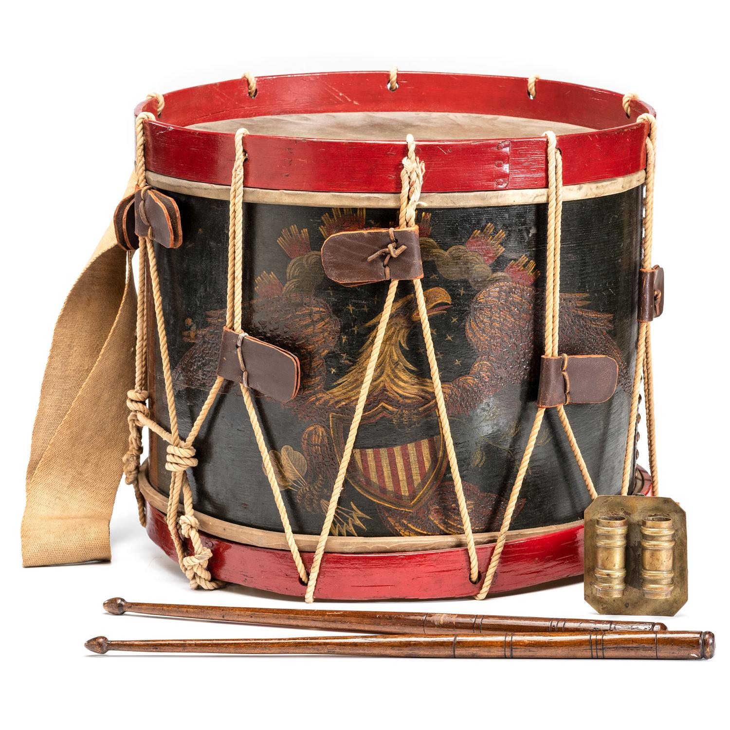 Civil War painted US regulation eagle drum with sticks. Manufactured by C.M. Zimmerman, Philadelphia, PA.