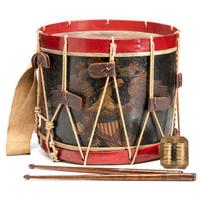 Civil War painted US regulation eagle drum with sticks. Manufactured by C.M. Zimmerman, Philadelphia, PA.
