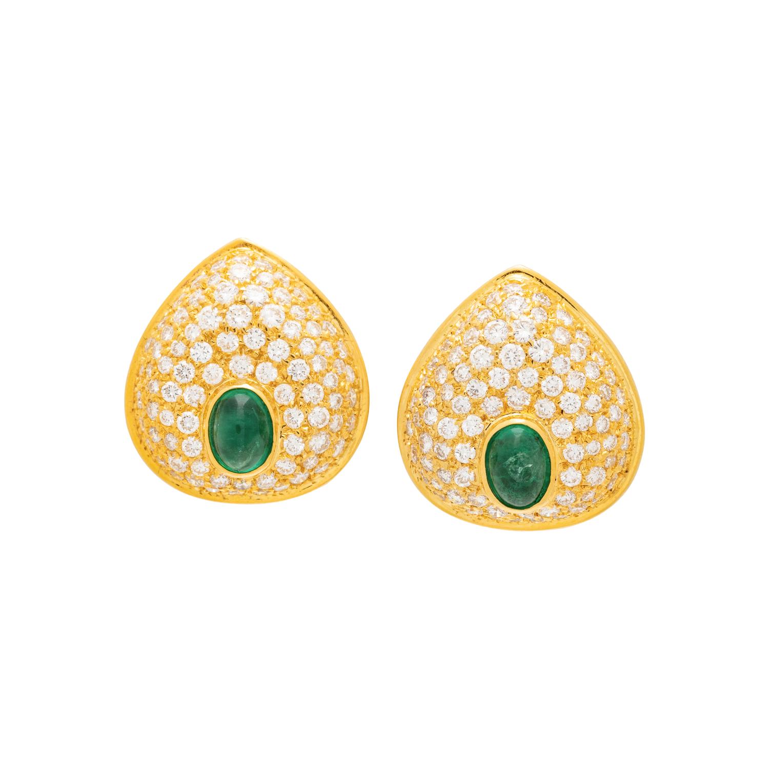 CARVED AMETHYST, EMERALD AND DIAMOND CONVERTIBLE CLIP EARRINGS