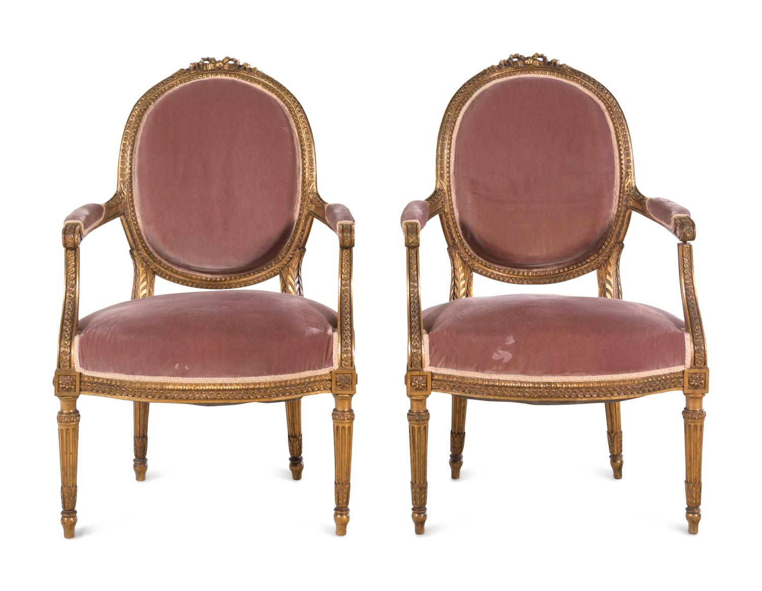 A Pair of Louis XVI Style Giltwood Fauteuils