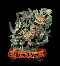 A Large Chinese Hardstone Figural Group of Birds and Flowers