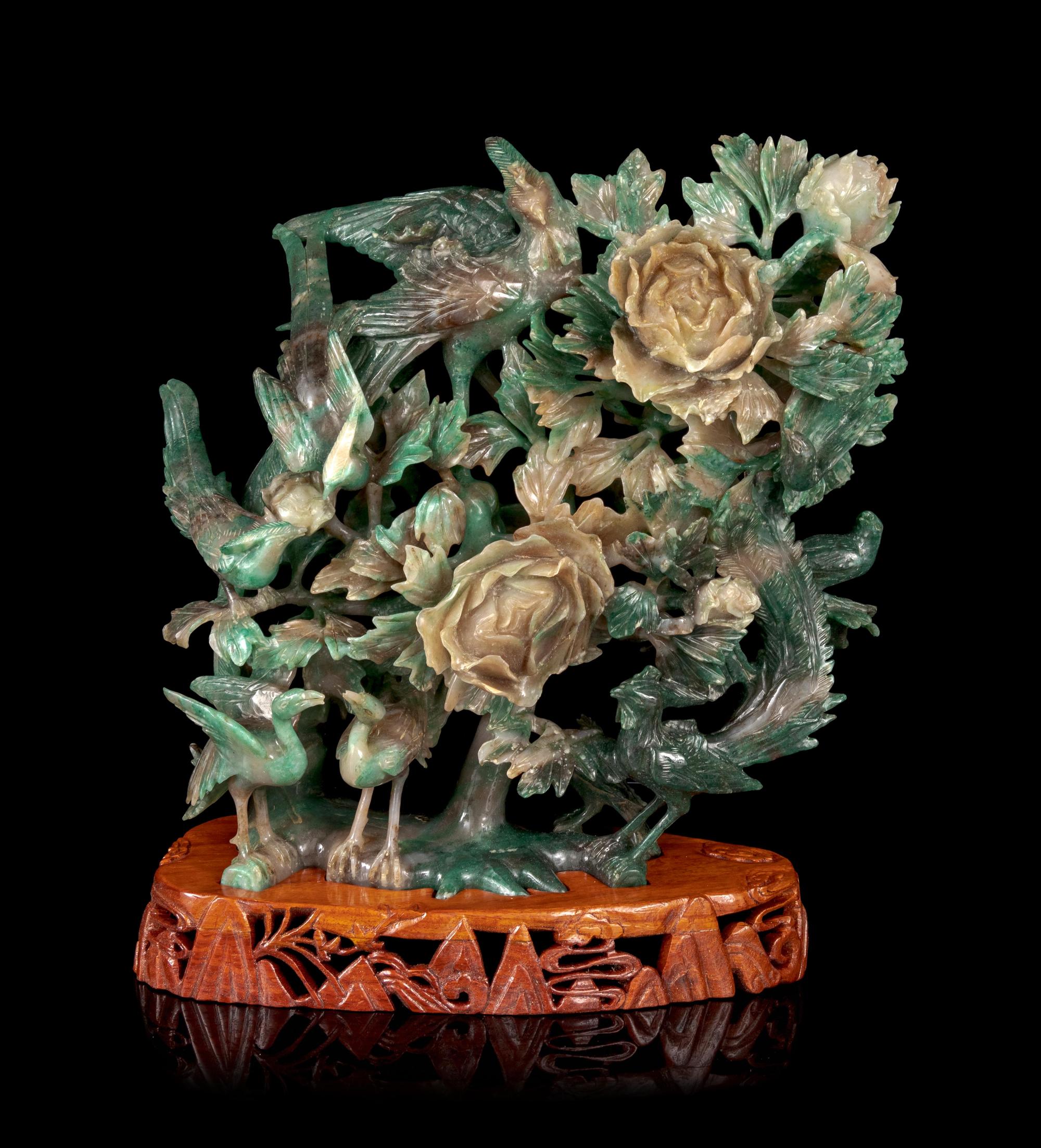 A Large Chinese Hardstone Figural Group of Birds and Flowers