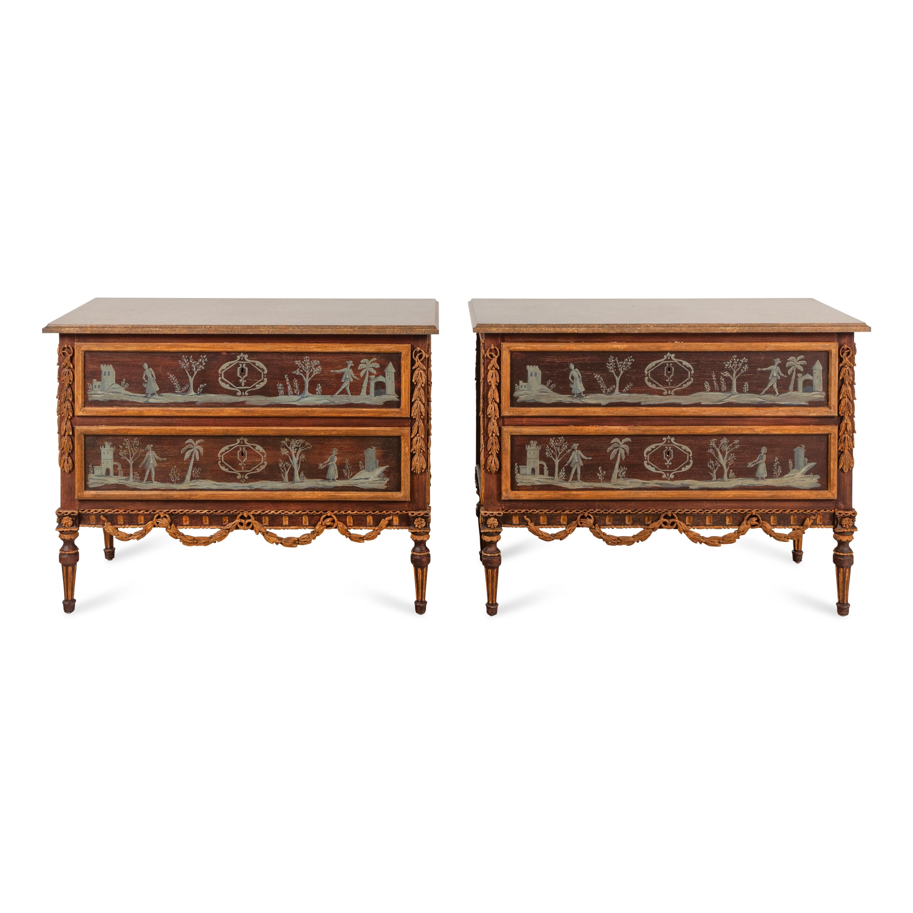 A Pair of Italian Style Painted and Parcel-Gilt Commodes