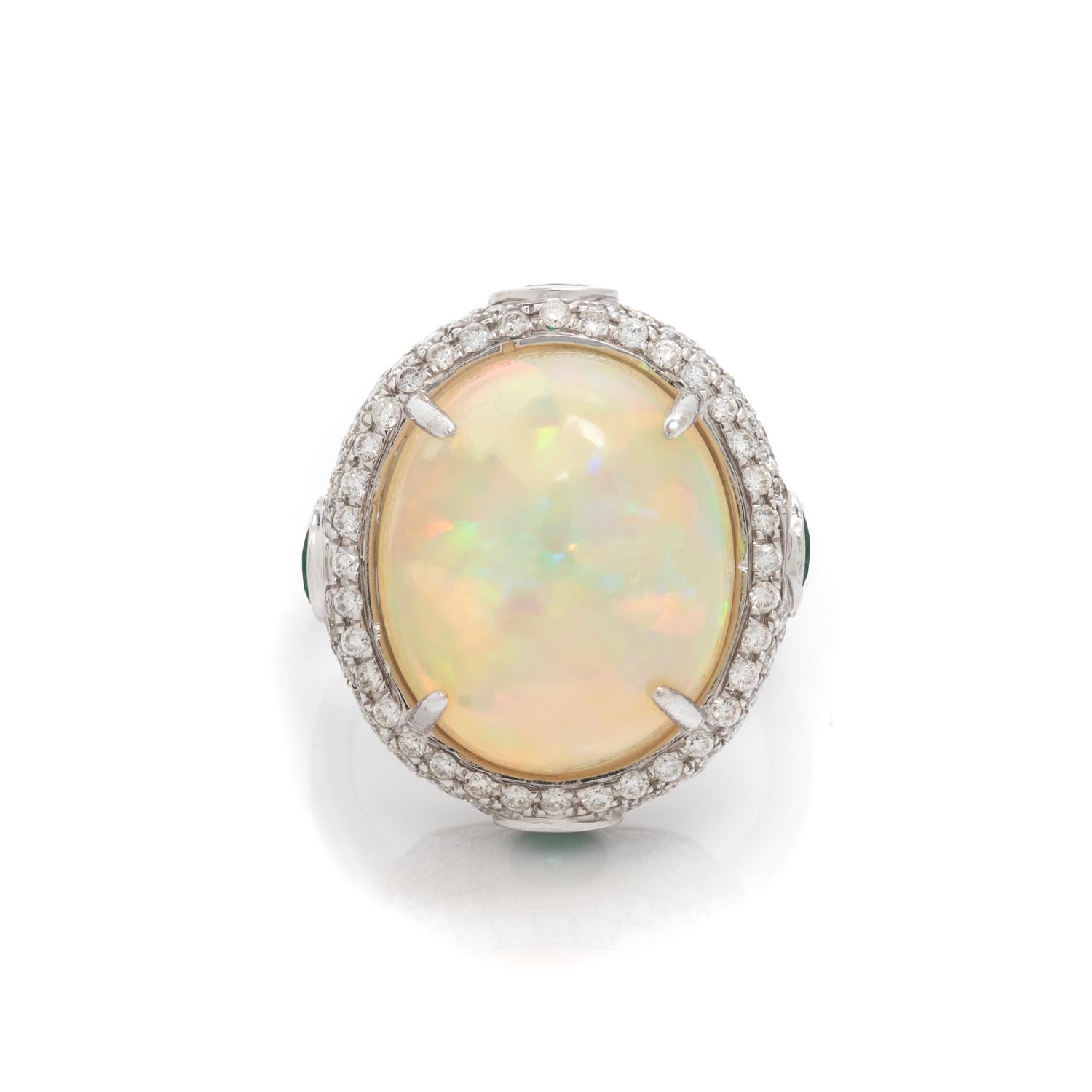 OPAL, DIAMOND AND EMERALD RING