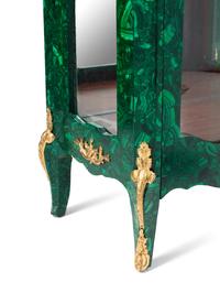 A Pair of Louis XVI Style Gilt Bronze Mounted Malachite Vitrine Cabinets
