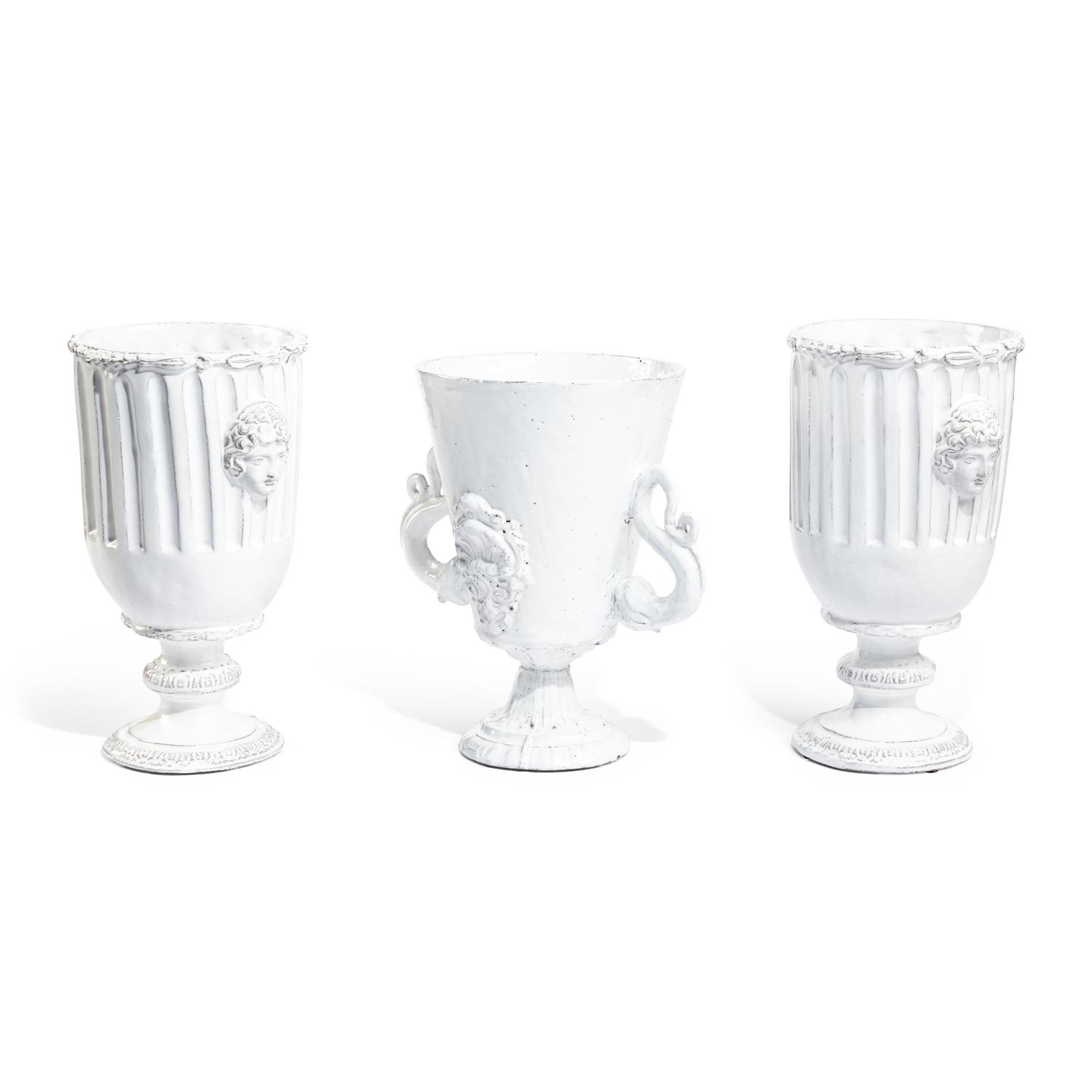 Three White Glazed Earthenware Vases