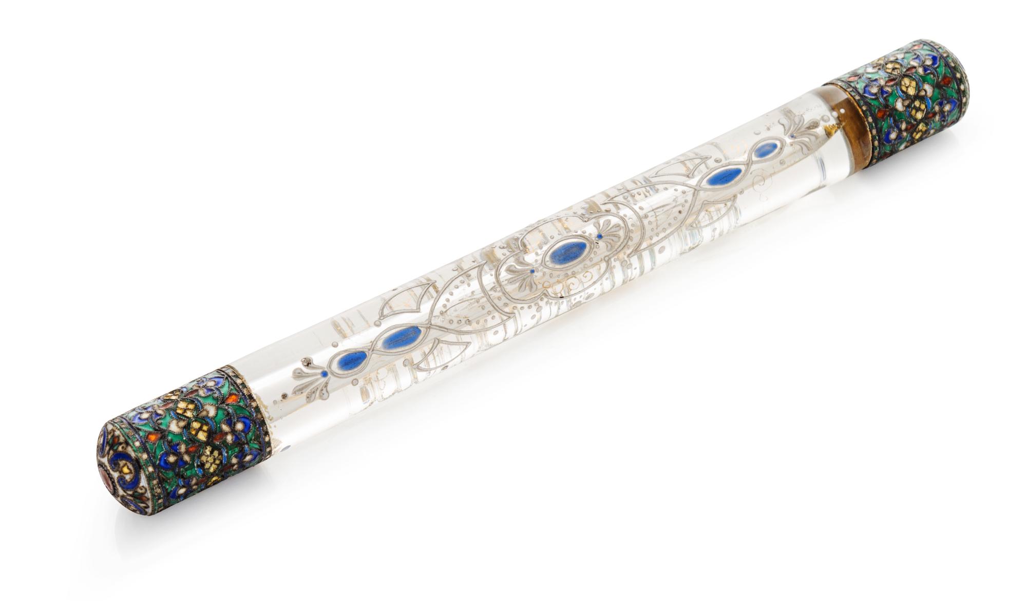 An Austrian Silver-Gilt, Enamel and Glass Scent Bottle for the Ottoman Market, Vienna, Circa 1900, of cylindrical form having floral de