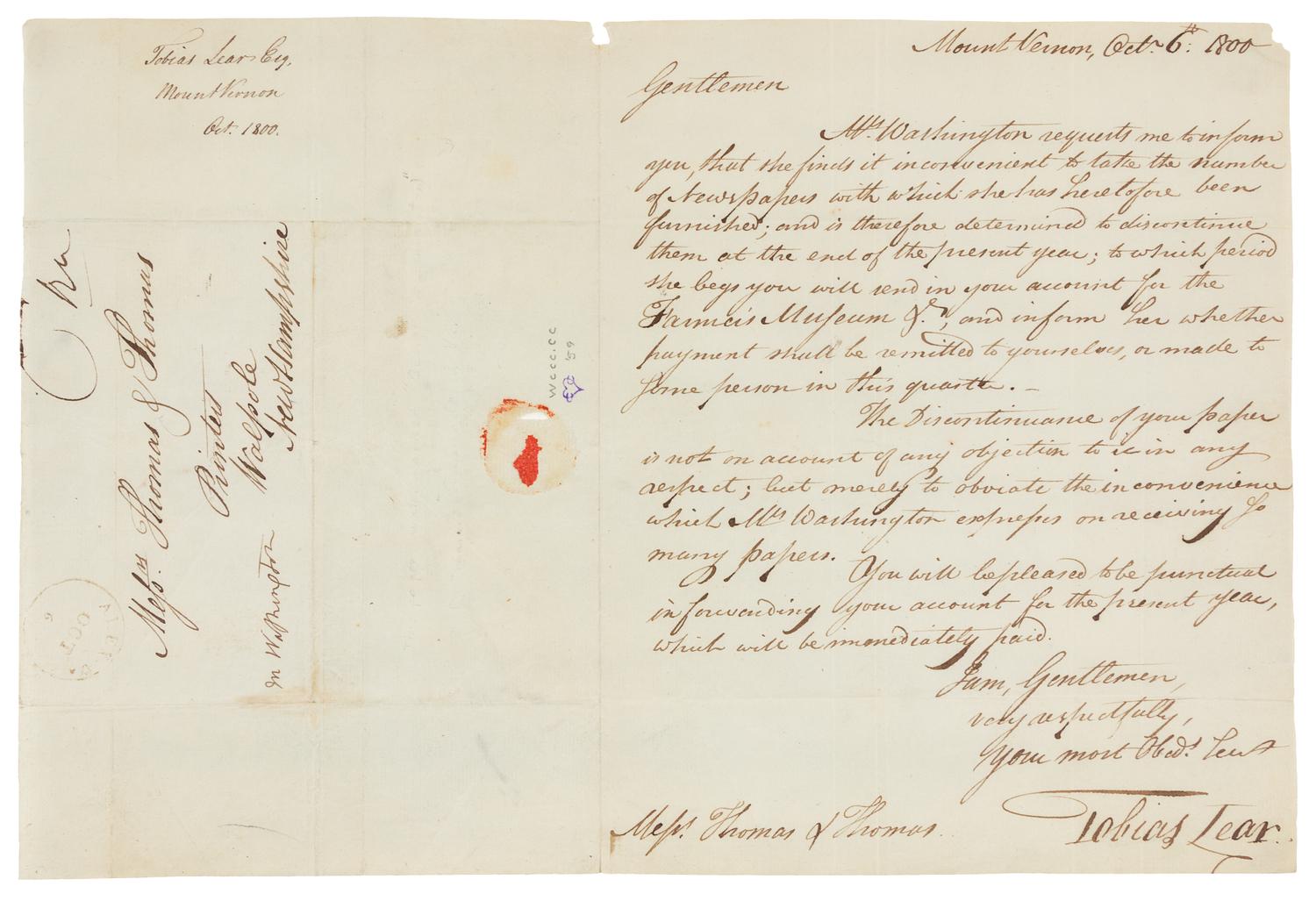 WASHINGTON, Martha Dandridge Custis (1731-1802), First Lady. Autograph free frank signed ("M Washington") on integral cover sheet addressed in the hand of Tobias Lear, Washington's private secretary, to "Messrs Thomas & Thomas / Printers / Walpole / New Hampshire", [6 October 1800].