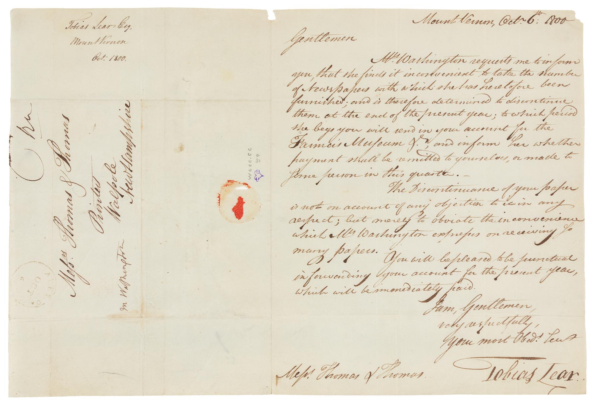 WASHINGTON, Martha Dandridge Custis (1731-1802), First Lady. Autograph free frank signed ("M Washington") on integral cover sheet addressed in the hand of Tobias Lear, Washington's private secretary, to "Messrs Thomas & Thomas / Printers / Walpole / New Hampshire", [6 October 1800].