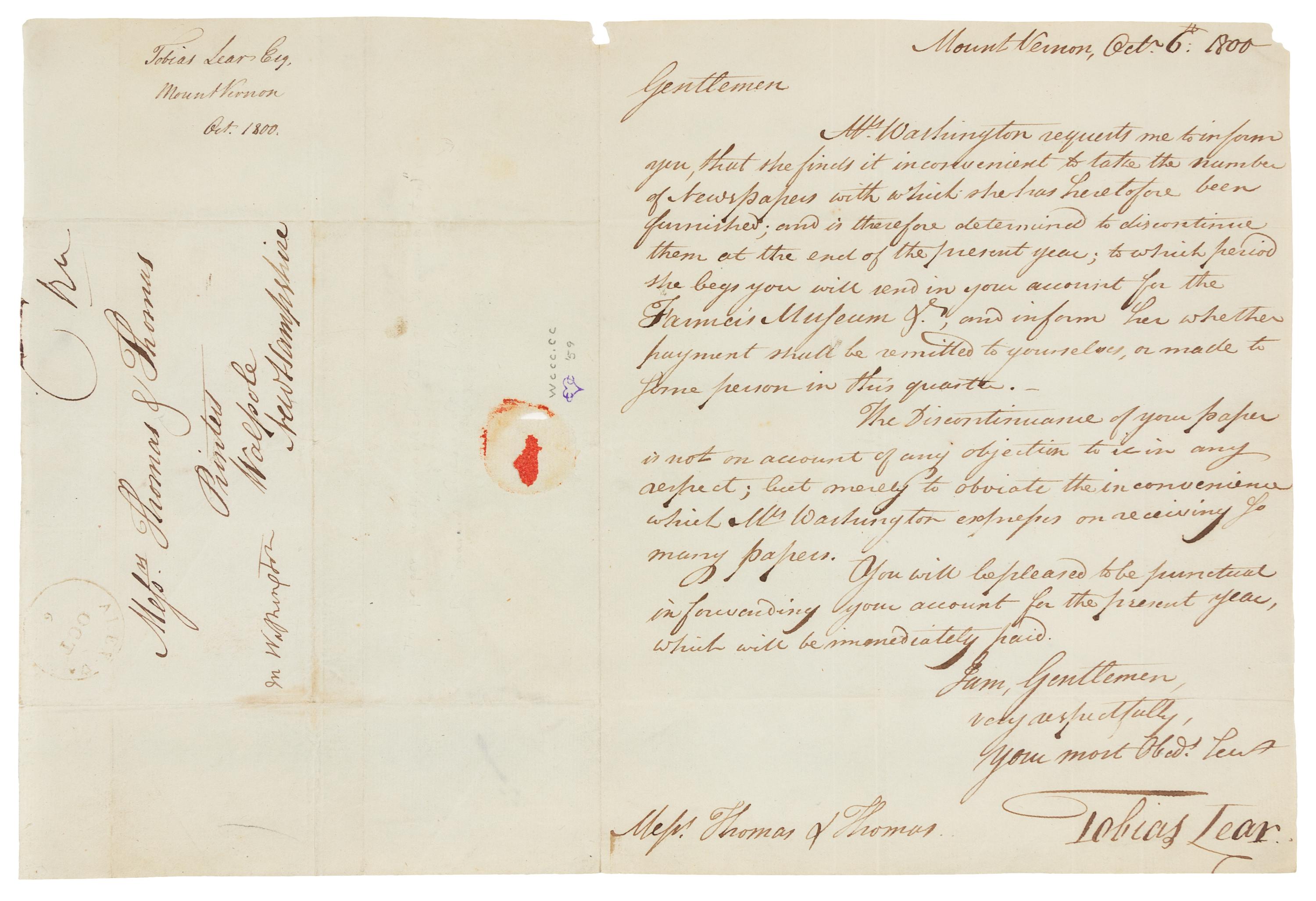 WASHINGTON, Martha Dandridge Custis (1731-1802), First Lady. Autograph free frank signed ("M Washington") on integral cover sheet addressed in the hand of Tobias Lear, Washington's private secretary, to "Messrs Thomas & Thomas / Printers / Walpole / New Hampshire", [6 October 1800].