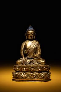 A Small Sino-Tibetan Gilt Bronze Figure of Seated Buddha Shakyamuni