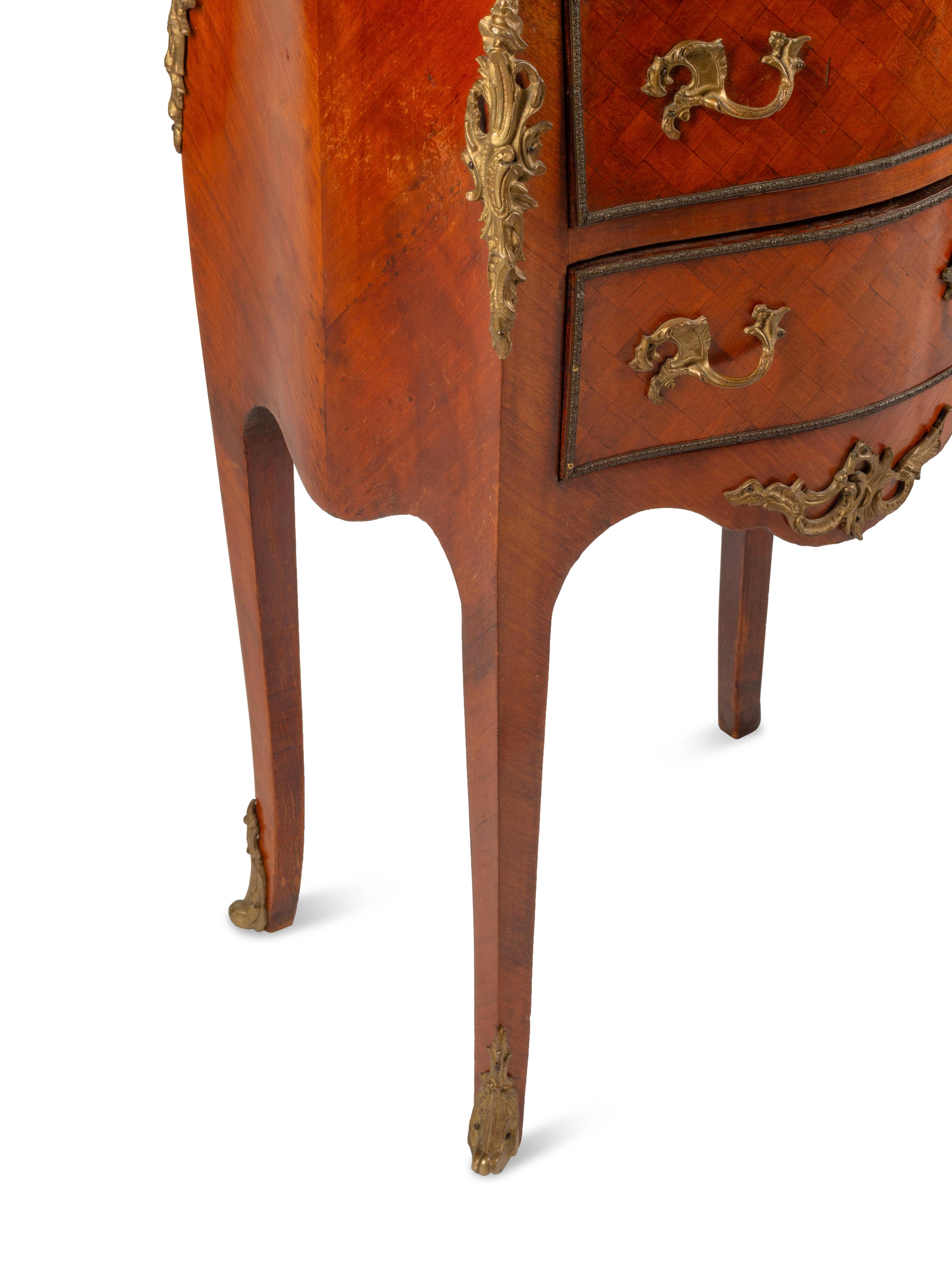 A Pair of Louis XV Style Gilt Bronze Mounted Parquetry Marble-Top Commodes