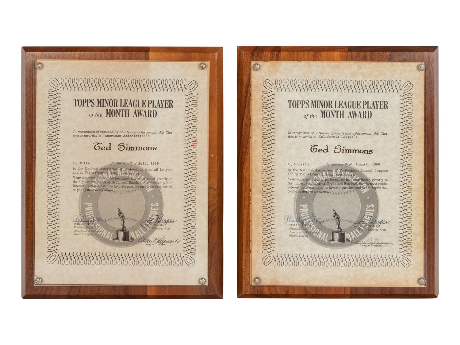 A Group of 1968 and 1969 Topps Minor League Player of the Month Awards from The Collection of Baseball Hall of Famer Ted Simmons,