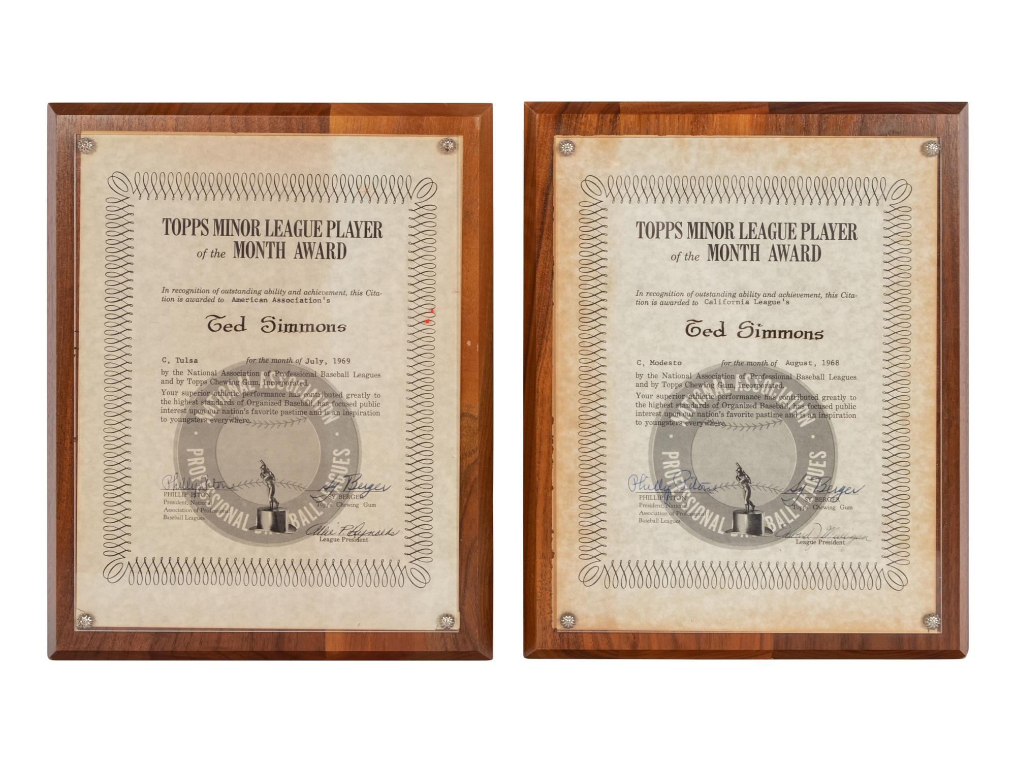 A Group of 1968 and 1969 Topps Minor League Player of the Month Awards from The Collection of Baseball Hall of Famer Ted Simmons,