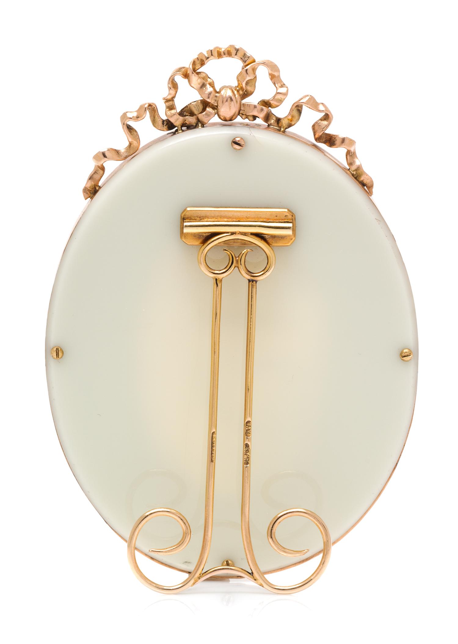A Russian Guilloche Enamel, Gold and Diamond Picture Frame, Mark of Faberge, maker's mark of Henrik Wigstrom, St. Petersburg, late 19th