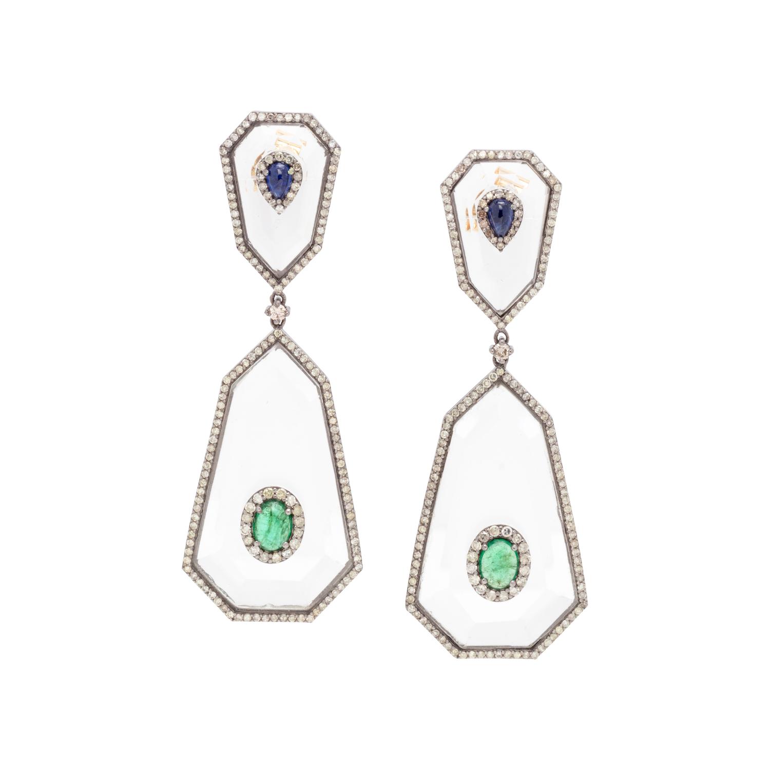 ROCK CRYSTAL, EMERALD, SAPPHIRE AND DIAMOND EARRINGS
