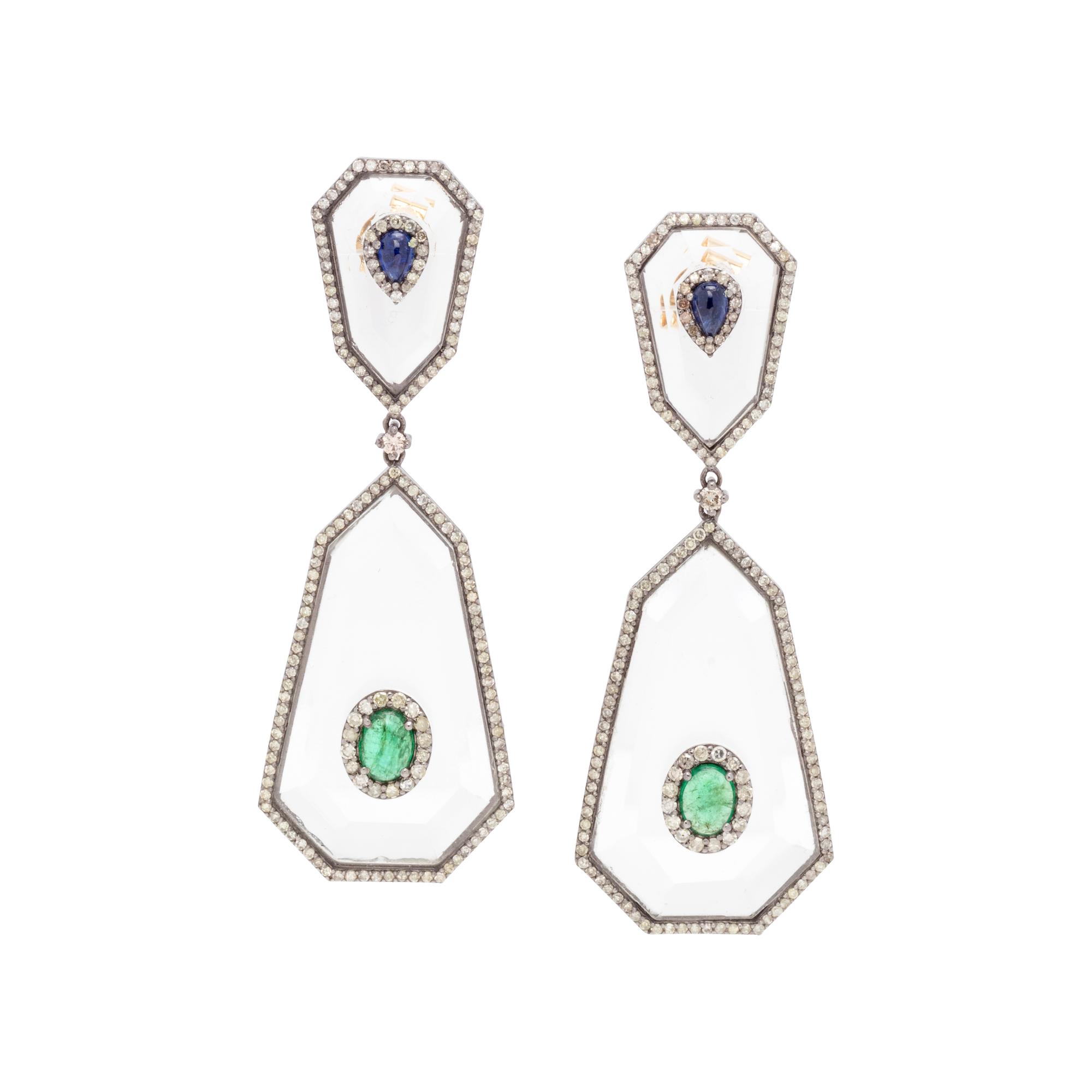 ROCK CRYSTAL, EMERALD, SAPPHIRE AND DIAMOND EARRINGS
