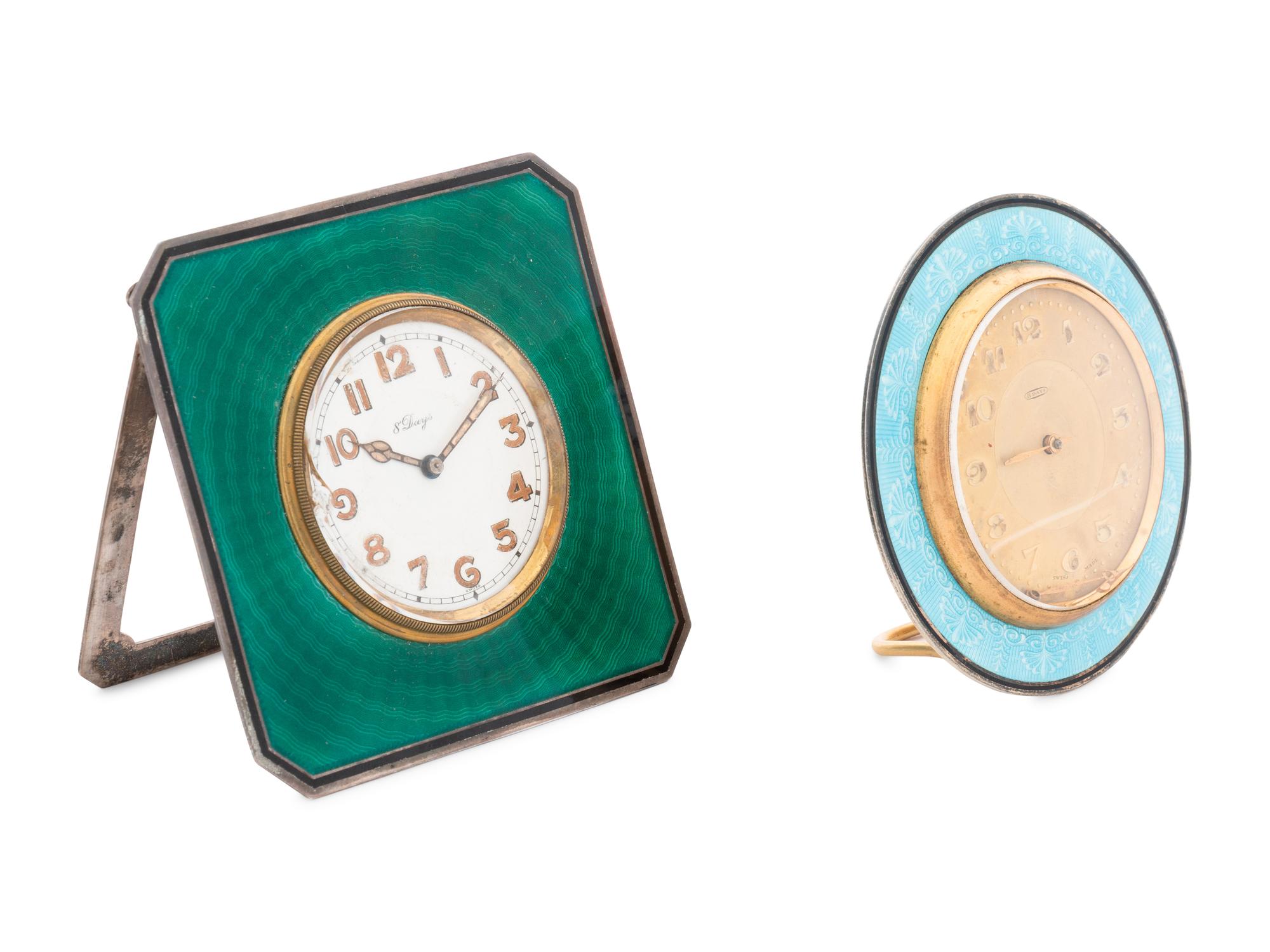 A Silver and Guilloche Enamel Eight-Day Desk Clock Retailed by Tiffany and Co.