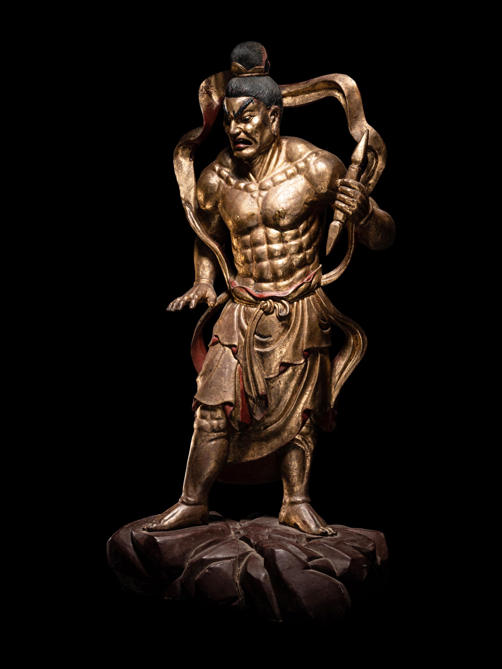 A Pair of Chinese Gilt and Red Lacquered Wood Figures of Wrathful Guardians