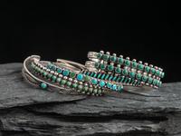 Navajo or Zuni Silver and Petit Point Turquoise Cuff Bracelets