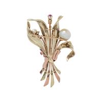 RETRO, BICOLOR GOLD, RUBY AND CULTURED PEARL BROOCH