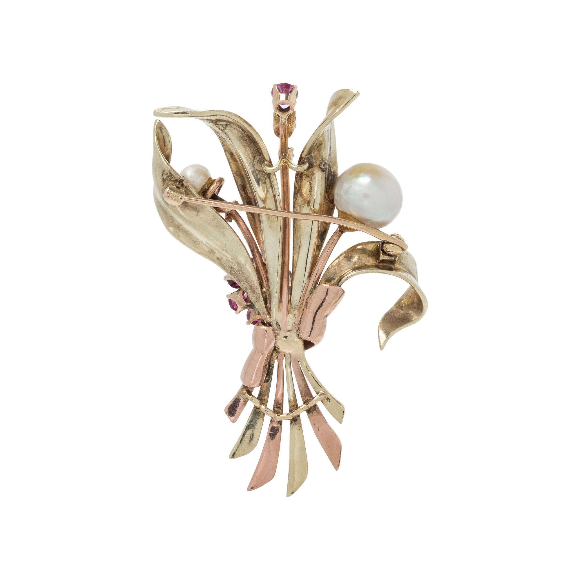 RETRO, BICOLOR GOLD, RUBY AND CULTURED PEARL BROOCH