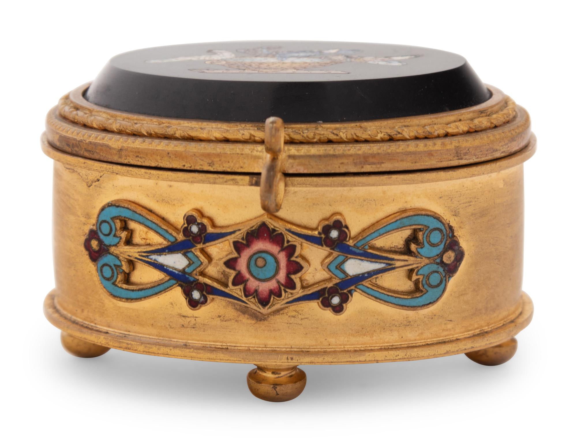 An Italian Micromosaic Mounted Gilt Metal and Champlevé Enamel Table Casket
